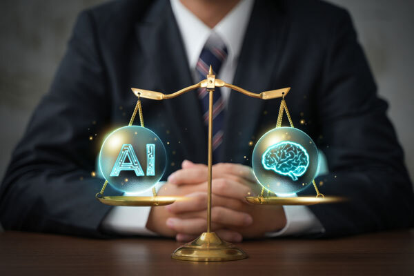 Image of a person with scales in front of them, with an AI logo on one side and a human brain on the other.